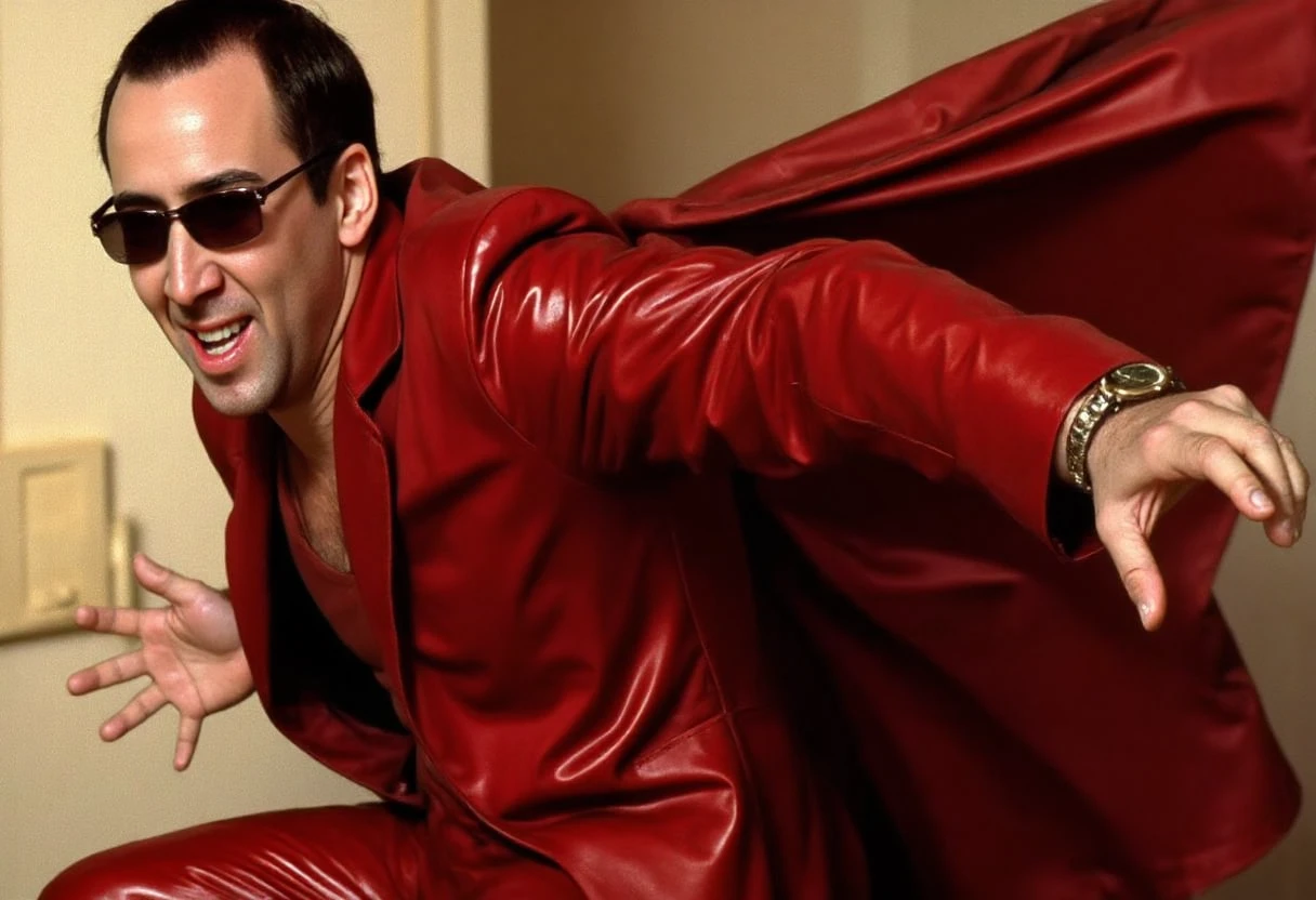 Create an image of CSTR in his iconic shiny crimson suit in a cinematic digital painting, inspired by Nicolas Cage's memorable style in 'Face/Off.' Position CSTR in a dynamic pose, with his long coat flowing behind him, showcasing the suit's sleek lines and bold color. Capture his confident expression and shades. Use bright, focused lighting to highlight the suit's sheen, with a rich crimson color and glossy textures. Maintain sharp focus on CSTR, excluding distracting background elements to emphasize his presence