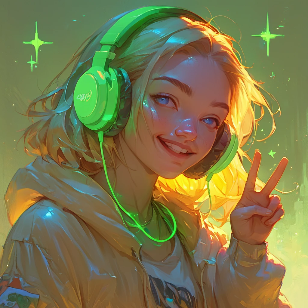 score_9, score_8_up, score_7_up, FFGA, Glowing Headphones, Green glow, blonde hair, blue eyes, smiling, happy, peace sign