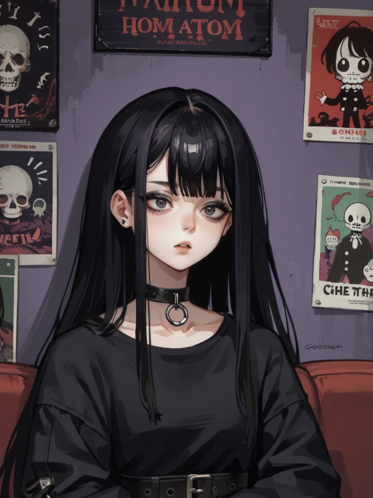 score_9,score_8_up,score_7_up,source_anime,1girl,<lora:wall_posters:1>,poster \(object\),upper body,expressionless,very long hair,black hair,goth,horror \(theme\),sofa,leather choker,purple wall,open mouth,solo,black eyeshadow,