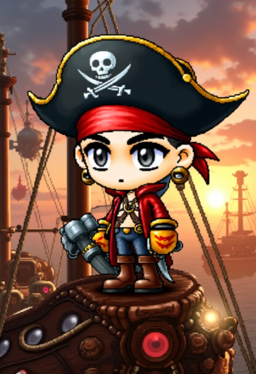 A chibi pirate captain with a large tricorn hat, mechanical arm, and stylish red coat, standing aboard a steam-powered airship. His large eyes and exaggerated facial expression convey confidence and charm. The scene is set during a sunset with the sky filled with clouds and other airships, capturing a steampunk fantasy style