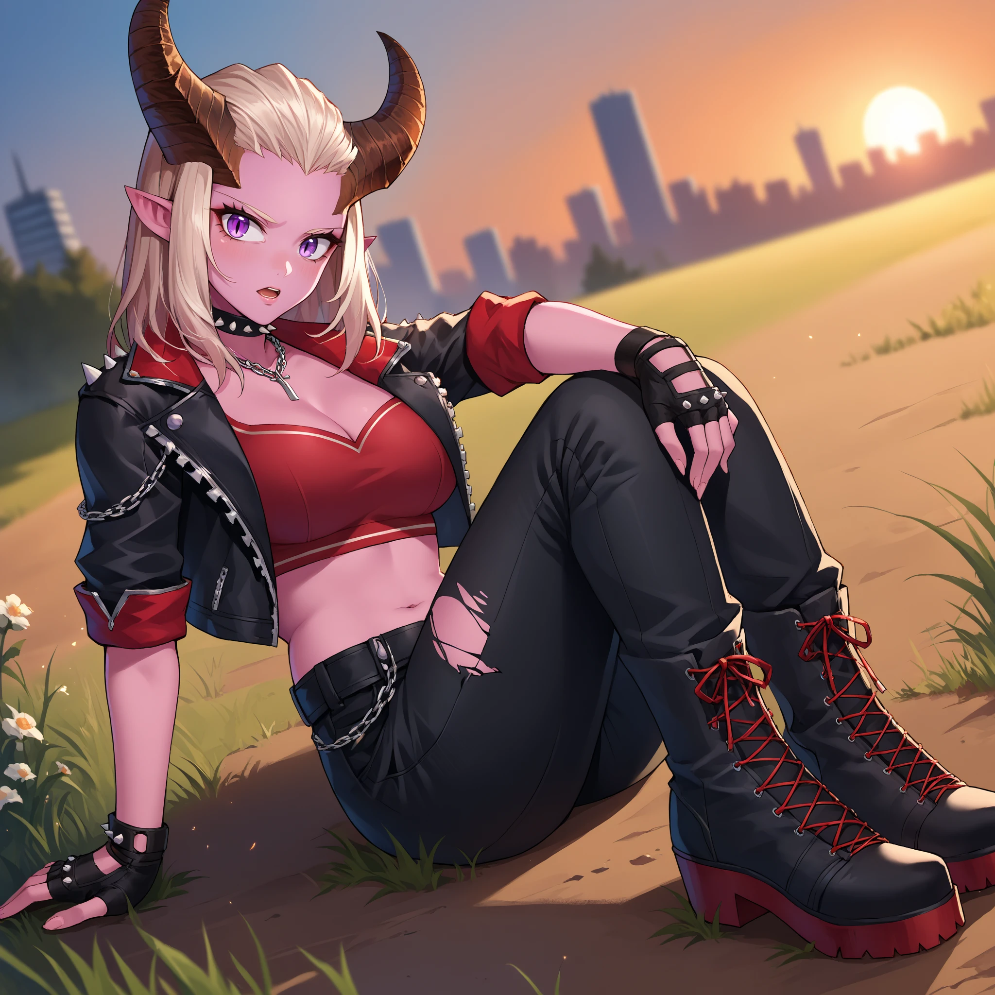 score_9, score_8_up, score_7_up, source_anime, MorrahKR, 1girl, solo, hair slicked back, brown horns, pink skin, pointy ears, purple eyes, slit pupils, large breasts, cleavage, red crop top, navel, black jacket, shoulder spikes, chain necklace, spiked choker, sleeves rolled up, fingerless gloves, black pants, torn pants, black boots, cross-laced footwear, motorcycle, on ground, looking at viewer, (dutch angle:1.2), sigh, open mouth, resting, leaning back, leaning against motorcycle, motor vehicle, sunset, skyline, hugging own legs, blurry background, grass, wide shot, <lora:morrahkr-casual-ponyxl-bshi-v1:0.9>