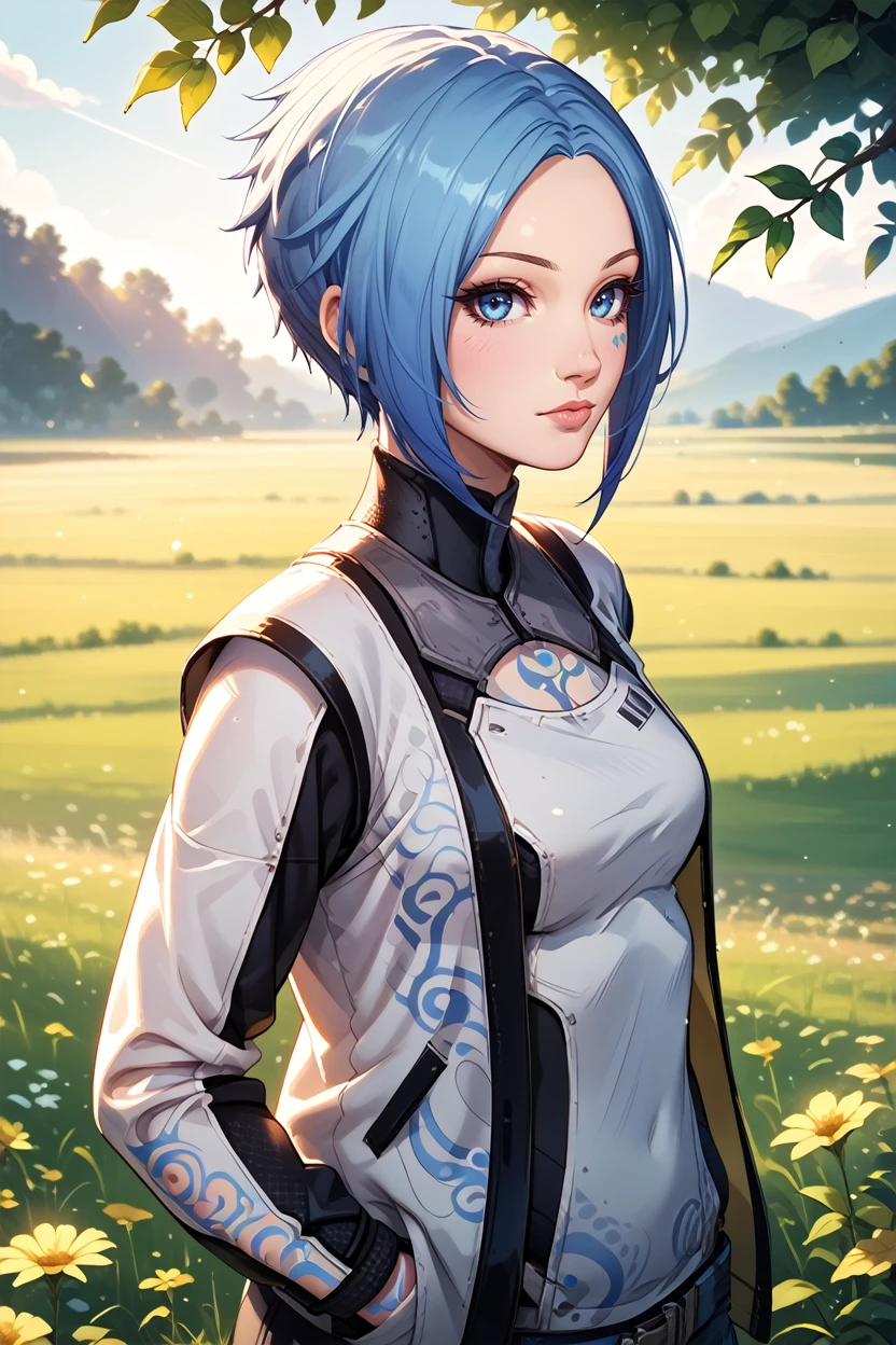 score_9, score_8_up, score_7_up, score_6_up
<lora:BLMaya:1.0>
BLMaya, 1girl, blue hair, short hair, blue eyes, tattoo, looking at viewer,  standing in a field of lavender, hands in pockets, slight breeze blowing hair, warm golden hour sunlight, serene and peaceful mood