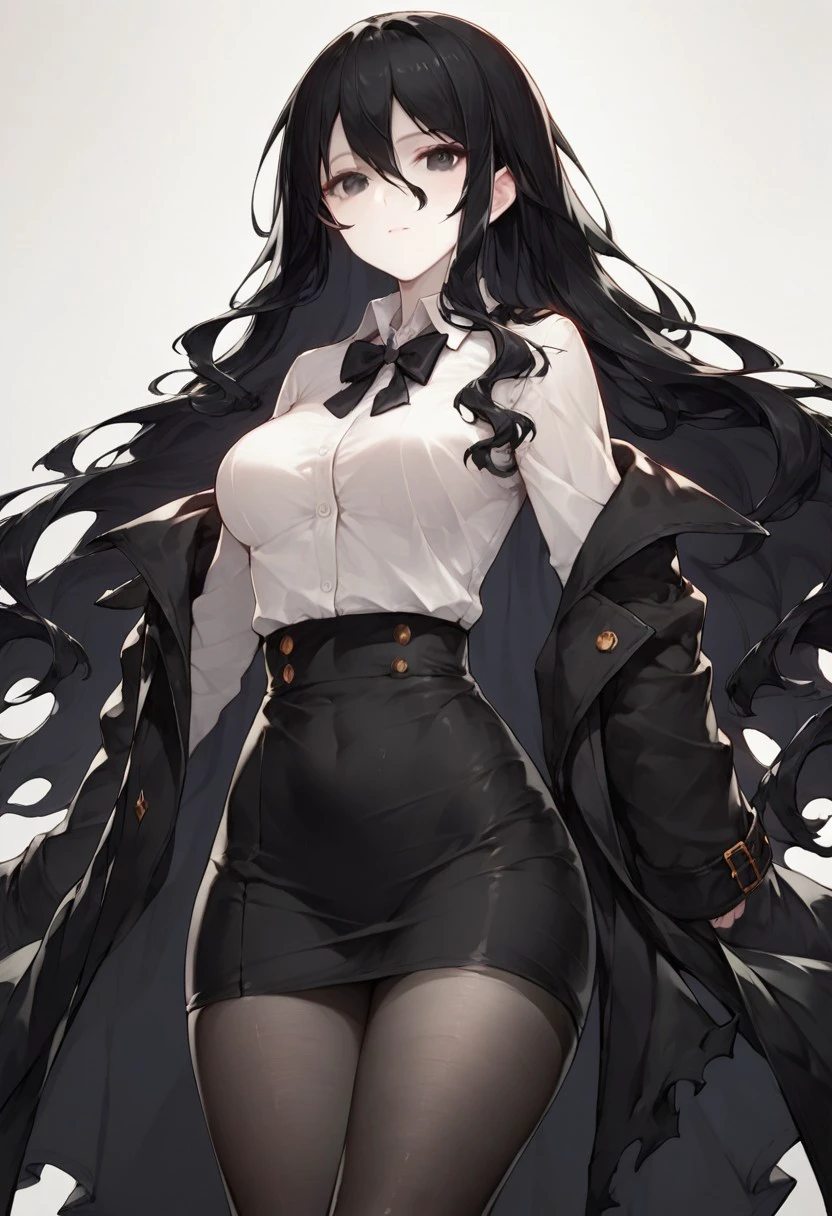 score_9,score_8_up,score_7_up, ministra, 1girl, black hair,very long hair,  breasts, hair between eyes, pale skin, black eyes, coat on shoulders, white collared shirt, black skirt, pantyhose,