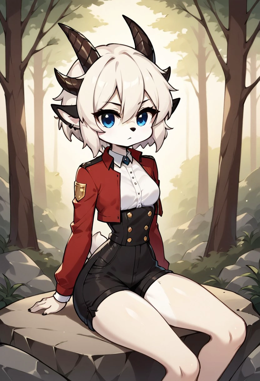 score_9, score_8_up, score_7_up, masterpiece, best quality, forest, Evening, (very beautiful eyes, small thighs, thin waist, small breasts), 1girl, RitaOC, White hair, blue eyes, short hair, furry female, horns, black furry ears, bunny tail,, Chibi, Red jacket, shorts, white shirt, rock, Sitting, Serious expression, Standing