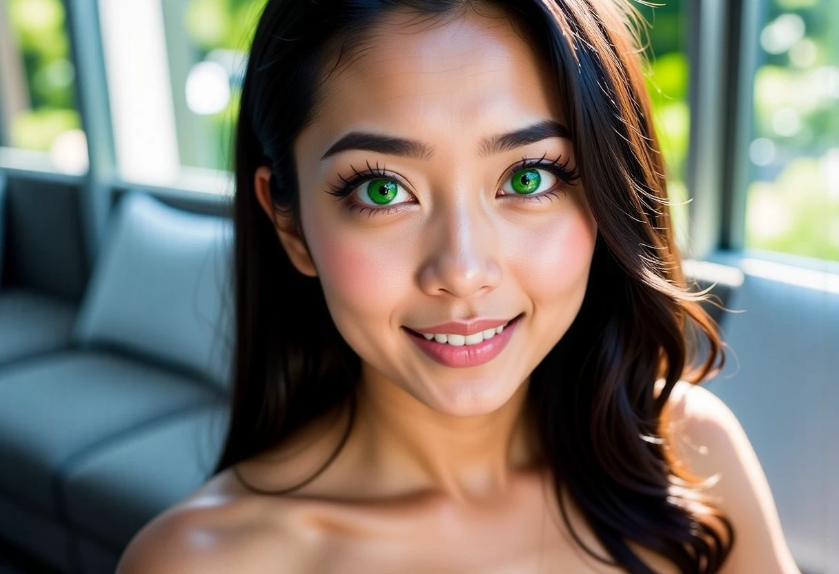 (masterpiece), best quality, expressive eyes, perfect face, slightly thick thighs, beautiful long black hair, petite figure with slightly thick thighs, short, wearing green-rimmed glasses, green eyes, 28-year-old Filipina female, looking at viewer with a friendly smile and glowing green eyes, wearing a sexy green romper,