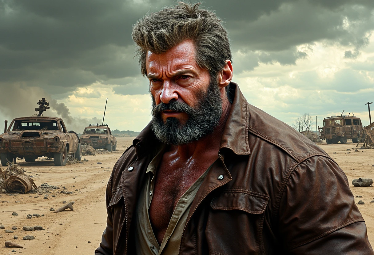 LGN, Create an illustration of Old Man Logan as a tough and rugged character in a comic book art style, drawing inspiration from Frank Miller and Steve McNiven. Place him in a desolate, post-apocalyptic landscape, wearing a tattered leather jacket. Surround him with remnants of battle, including wreckage and debris. Use harsh, dramatic lighting to enhance his weathered face and rugged features, casting long shadows. The atmosphere should be tense and foreboding, with a stormy sky overhead. Employ earthy tones such as browns, greys, and muted greens, highlighting the textures of his worn leather jacket. Focus sharply on Logan's face, with a slightly blurred background to emphasize his lone, tough persona. Exclude any other characters or signs of civilization to maintain the focus on Old Man Logan.