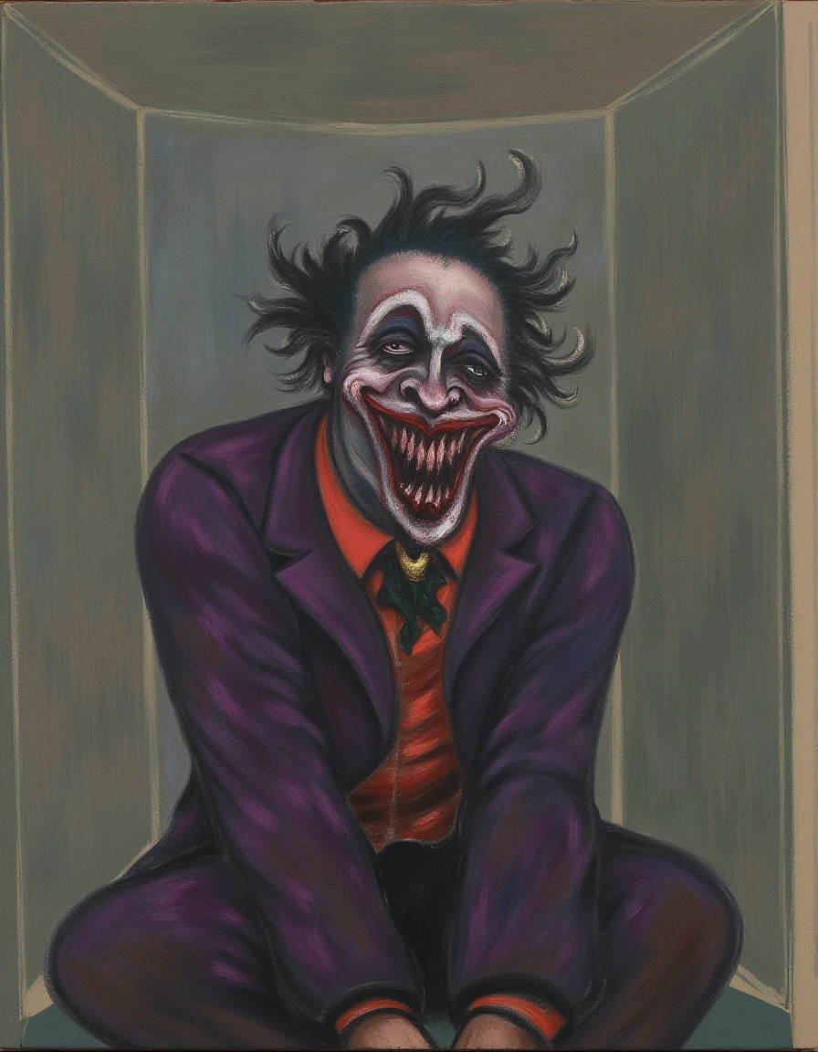 In a haunting painting that evokes the unsettling essence of Francis Bacon, The Joker is portrayed with exaggerated, twisted features that convey a profound sense of anguish and madness. His face, an explosion of vibrant reds and deep blacks, is rendered in a grotesque manner, with sharp, jagged lines that enhance his manic grin and hollow, piercing eyes, which seem to stare out with an eerie intensity, capturing a moment of existential despair. 

The Joker’s contorted body is shown in a chaotic posture, as if caught in a frozen moment of wild laughter that masks the deep-seated torment within. His costume, an unsettling mix of brilliant purples and acidic greens, is painted with thick, vigorous brushstrokes that pulsate with raw energy, further emphasizing the character’s volatility. 

Surrounding him is an abstract and muddled background, a swirling vortex of muted grays and browns that mimics a chaotic, decaying environment. This backdrop isolates The Joker, heightening the sense of his profound loneliness and psychological turmoil. 

Every brushstroke seems to vibrate with urgency, as if the painting itself is alive, capturing the brutality of The Joker’s emotional landscape. The air is heavy with a palpable tension that grips the viewer, drawing them into the dark corners of his mind, where themes of death, decay, and the fragility of existence pulse ominously. The entire composition, charged with visceral intensity, compels one to confront the unsettling duality of laughter and despair, leaving a haunting impression that lingers long after the gaze drifts away.