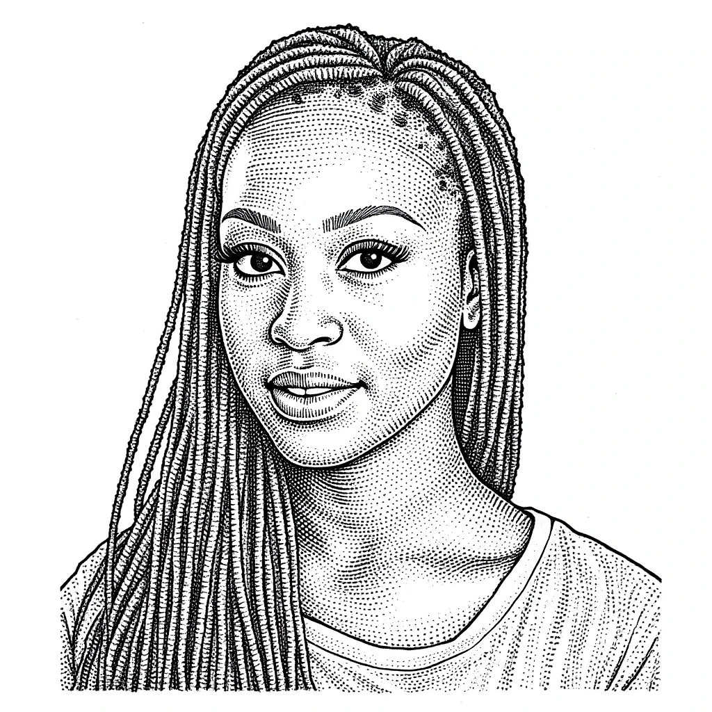 a black and white drawing of a woman with dreadlock