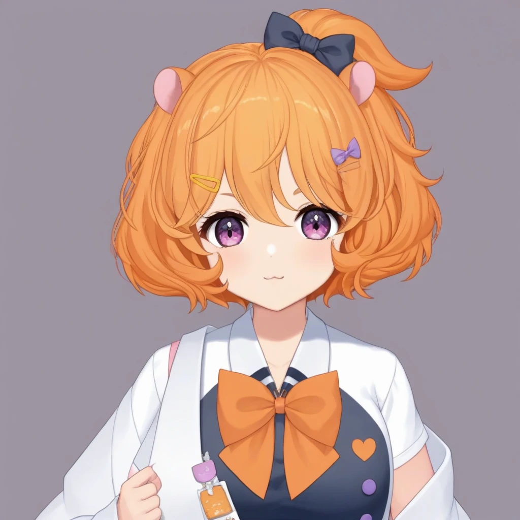 eimi, small hamster ears, orange curly hair, purple gradient eyes, upper body, breasts, white collared shirt, jacket, sleeves past wrist, socks, (orange bow on chest), <lora:EIMI-XLv2-t1-000002:0.6>