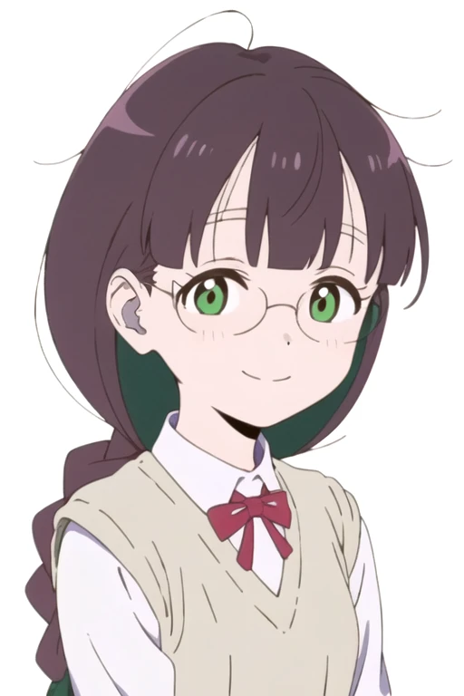 solo, 1girl, looking at viewer, 2D, anime, official style, anime coloring, anime screencap, upper body, (simple background, solid white background:1.3), <lora:takumi-diy:0.8>, takumi hikage, braid, ponytail, glasses, sweater vest, school uniform, smile