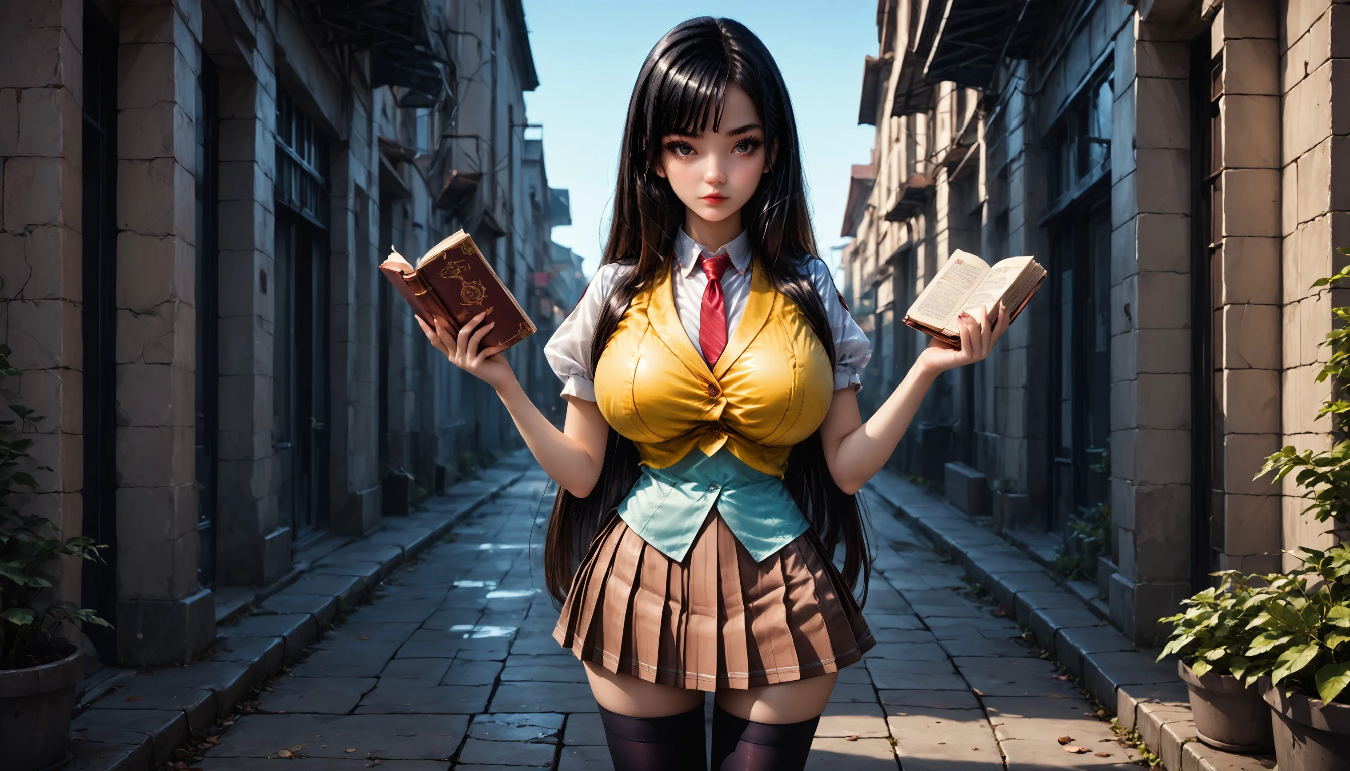 Score_PnyReal,BREAK,1girl, solo,(huge breasts,large breasts:1.2),long eyelashes, detailed hands, detailed fingers, perfect anatomy, holding a book, 3nah1me, 1girl, solo, thighhighs, long hair, black hair,bangs , skirt, zettai ryouiki, necktie, school uniform, Within a shimmering sanctuary, a garden of dreams materializes, its iridescent blooms and shimmering petals a vision of pure fantasy, spill light, sunrise/sunset, Bend, Science Fiction (dark matter:1.25),black theme, dark background,(zPDXL2:1.5), , <lora:e70bd788-b3b8-423c-a607-07afe99d664f:1.0>, <lora:743ab114-2dc7-4a68-a995-0d3c9dc174a0:0.3>