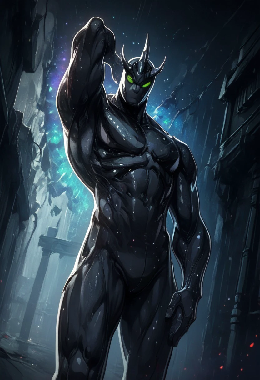 score_9, score_8_up, score_7_up, male, alien X, alien, black body, no mouth, no nose, no pupils, green eyes, (Galaxy texture on the body), antennae, source_anime, 1boy, solo, muscular:1.3, hands, (((dutch angle, posing, from below, looking at viewer))) (nude)
BREAK
city, ruins, back alley, outside, night,