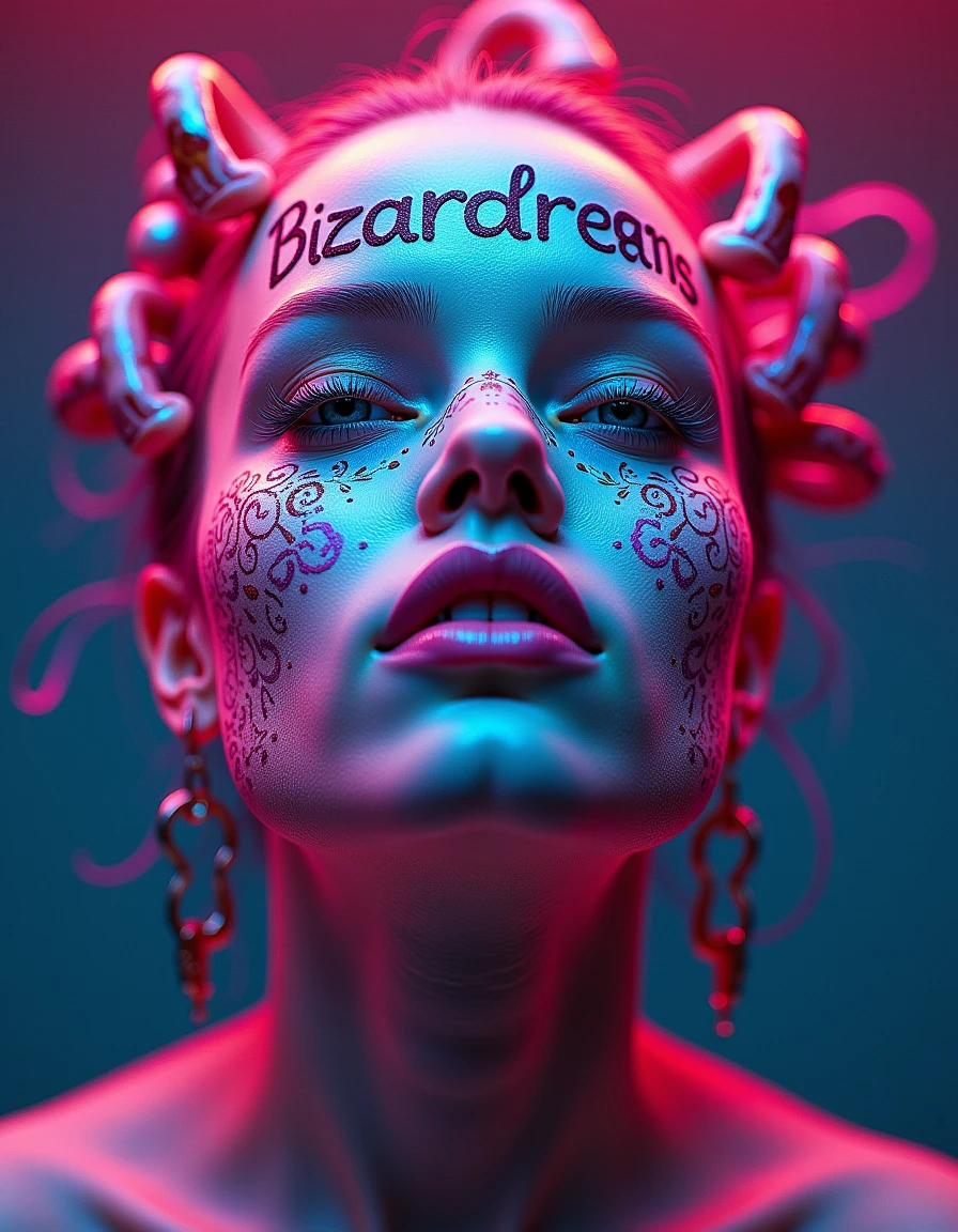 subdued colors, intricate details, on her forhead a tattoo"Bizarredreams",  realistic portrayal, modern aesthetics, drawing, painting, neon, sketch, graphite, impressionist, noisy, blurry, soft, deformed, ugly, shallow depth of field, bokeh, woman. bizarredreams  <lora:FLUX_Bizarredreams:1>