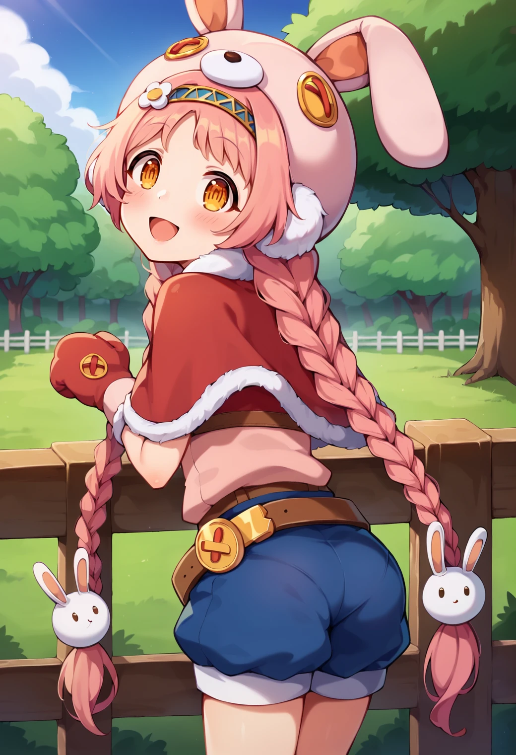 score_9, score_7_up, hd, (ultra hd quality details), source_anime, outdoors, forest, blue sky,
solo, 1girl, pcrmimi, very long hair, twin braids,
pcrmimi, very long hair, twin braids, mimidef, bunny hat, hairband, rabbit hair ornament, white flower, fur-trimmed capelet, pink shirt, red shirt, belt, blue shorts, red mittens,
looking at viewer, blush, open mouth, smile,
back view, leaning forward, arm support, fence, wooden fence,
<lora:_mimipcr-elesico-pony:1>