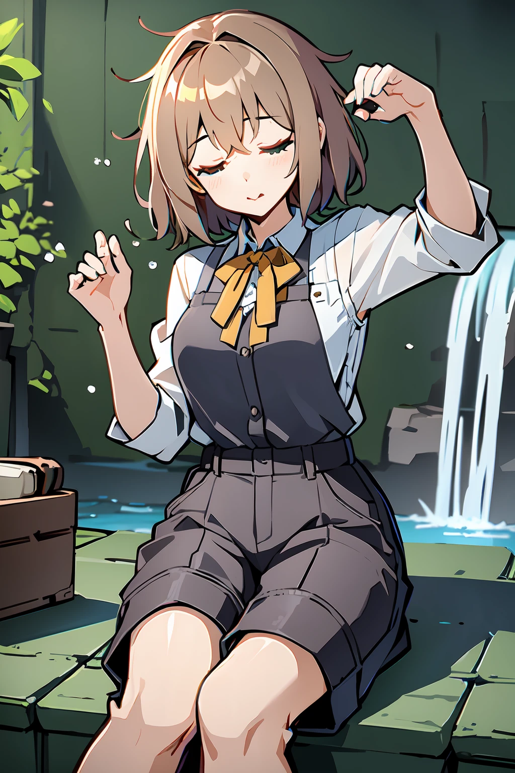 (masterpiece), best quality,  1girl, (Wheat)(Bow-back blouse ), (Smoky Gray)(Track pants), (Mystical Waterfall in a Hidden Valley), <lora:hypnosd15-000009:0.8>, half-closed eyes, leaning to the side, bare legs, arm up, sitting