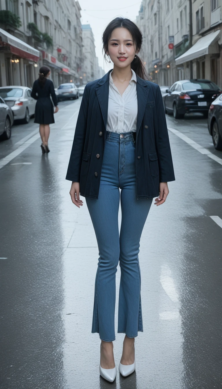 ,,chinese women,(35 years old:1.6),jeans,score_9,score_8_up,score_7_up,people come and go of the street,sidewalk,(women wearing jeans),women like stars,women looks angry,best quality,masterpiece,Highly detailed,ultra-fine painting,sharp focus,physically-based rendering,extreme detail description,Professional,Vivid Colors,Bokeh,((full body photo)),women wearing black leather jacket,white high heels,glamor,film light and shadow,ponytail hairstyle,long legs,rainy days,walk,round face,night,gloomy light,side photo,big eyes,mid-autumn festival,,,,<lora:QIHONG PONY V3:1.3>,<lora:Flared jeans SDXL V1:2>,<lora:skin_xl:1>,<lora:R3DStyle:1>,<lora:detailed_notriggeræ´è¯¦ç»çç»è:1>