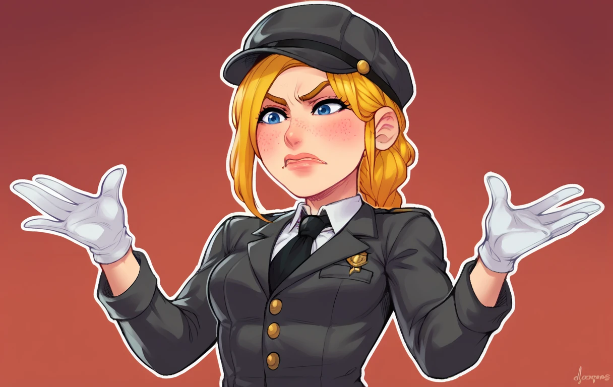 score_9, score_8_up, score_7_up, score_6_up, score_5_up, , 1girl, highres, red background, solo, white outline, curvy, freckles, EmilyA, blue eyes, blonde hair, braid, suit, long sleeves, gloves, white gloves, (mafia hat), (mafia suit), angry, perfect hands  <lora:EmilyA-03:0.9>,   <lora:djc0mpsXLP:1> djc0mps