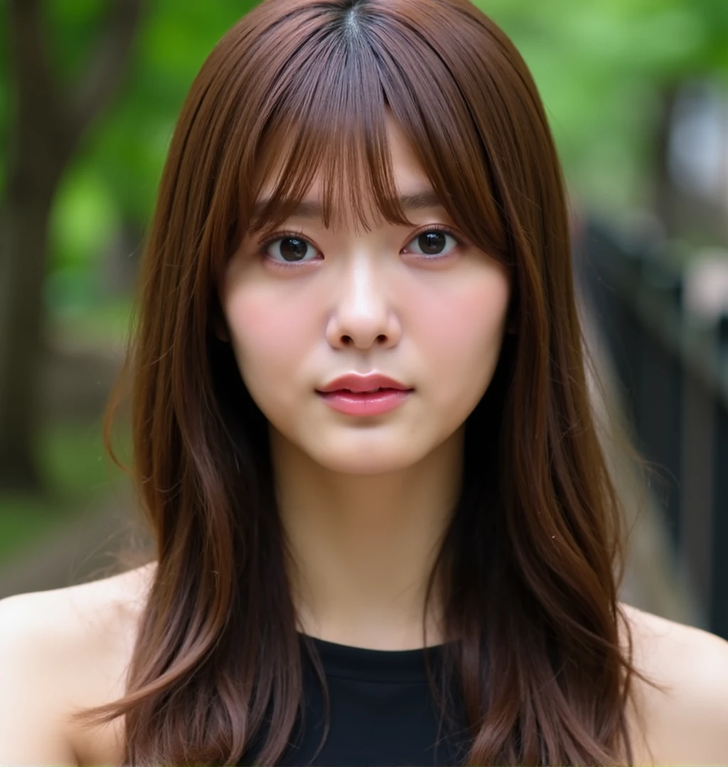 The image is a close-up portrait of a young woman's face, She was wearing a black dress. She has long, straight brown hair with bangs that fall over her shoulders. Her hair is styled in loose waves and falls over her forehead. She is looking directly at the camera with a serious expression on her face. appears to be an outdoor setting with trees and greenery. The overall mood of the image is serious and contemplative. The overall mood of the image is contemplative and contemplative.