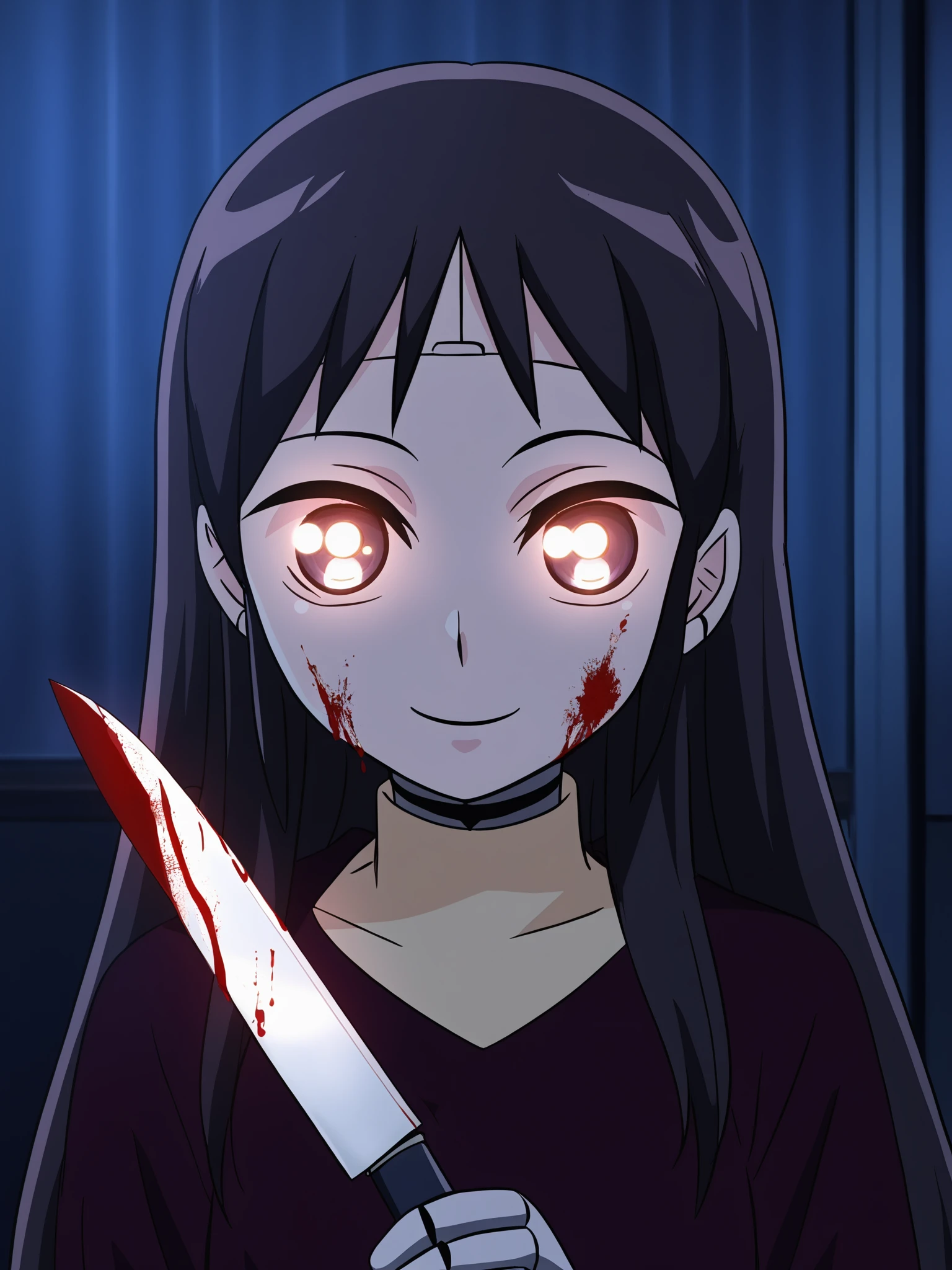 score_9, source_anime, masterpiece, best quality, <lora:Mina_PDXLv0:0.8> mina, long hair, dark dress, solo, flashlight eyes, dark, dark room, night, smug, evil smile:1.4, holding knife, blood on face, bloody knife, robot girl,, detailed, beautiful