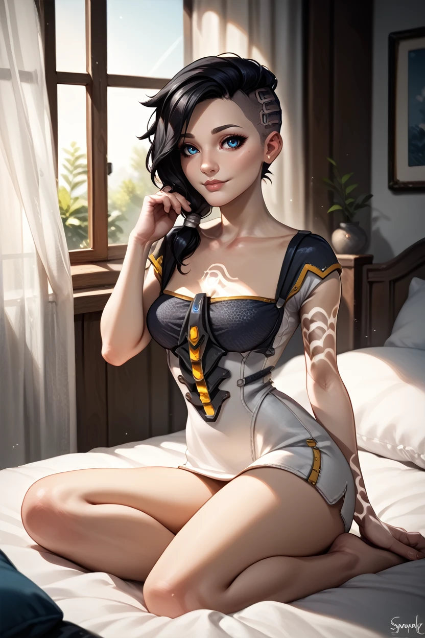 score_9, score_8_up, score_7_up, score_6_up
<lora:BLAngel:1.0>
BLAngel, 1girl, black hair, long hair, blue eyes, undercut, tattoo, looking at viewer, smiling softly, sitting on edge of bed, one hand playing with hair, cozy bedroom, warm morning light, sunlight filtering through curtains