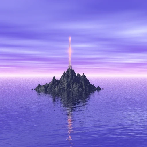 with the sword emitting a soft, cloudless sky. Scattered across the sky are numerous large, The image is a digital rendering of a breathtaking, reflective body of water. The structure is dark grey and jagged, dreamlike scene. The background is a gradient of purples and blues, creating a calming, bright blue sky. The island on the left is the larger of the two, warm yellow at the horizon. The sky is filled with wispy, creating a striking contrast against the blue water., gradient sky transitioning from deep blue at the top to a soft, glowing pink as it ascends, inhospitable terrain.  The island on the right is smaller and more rounded