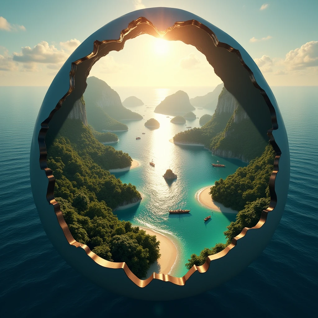 cinematic film still professional 3d model
<lora:Laura_Flux_A_Timeless_Fusion_of_Ancient_Wonders_and_Futuristic_Marvels:1>"Inside the cracked egg, a vast archipelago of islands stretches across a deep blue ocean. Each island is covered in dense jungle, with sandy beaches and small huts visible along the shores. Longboats sail between the islands, and the sun casts a golden glow across the waters. Generate this in a cinematic format (2.35:1 ratio) to capture the expansive view of the island chain, emphasizing the wide-open ocean and horizon beyond."
. octane render, highly detailed, volumetric, dramatic lighting . shallow depth of field, vignette, highly detailed, high budget, bokeh, cinemascope, moody, epic, gorgeous, film grain, grainy