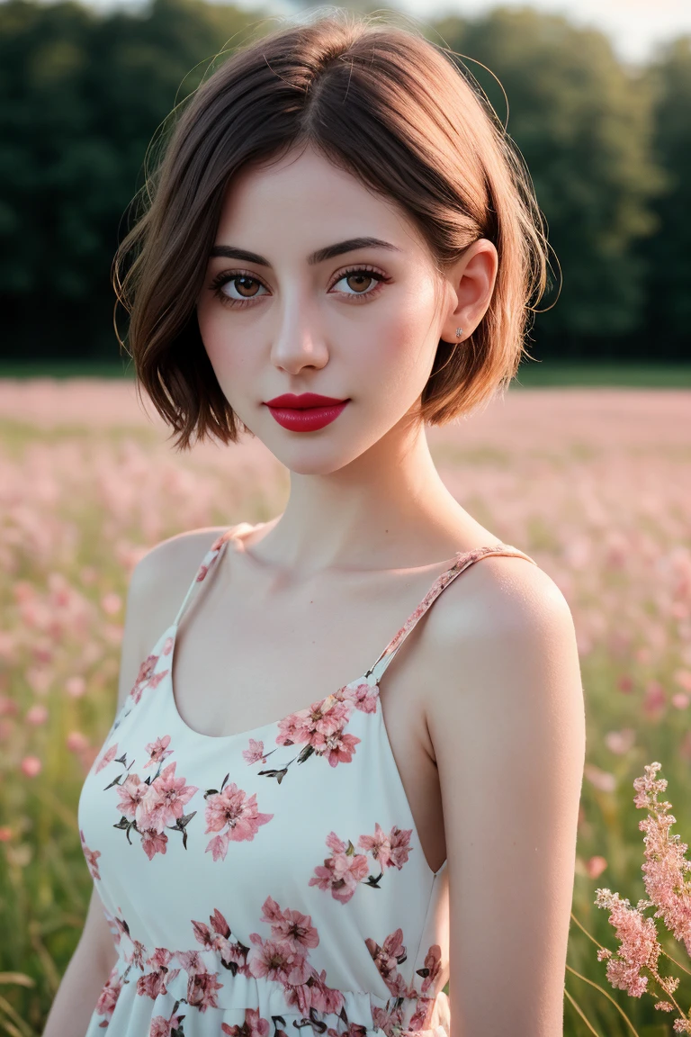 vicjustice-3276, ((red lipstick, blush)), ((detailed face, detailed eyes)), ,photo of a woman, RAW, close portrait photo, ((beautiful floral print sundress)),((short hair, pixie cut)), ((outdoors, gorgeous meadow, walking)), ((detailed skin, detailed face):1.2), ((detailed eyes, beautiful eyes)), 8k uhd, dslr, soft lighting, high quality, film grain, Fujifilm XT3 sharp focus, f 5.6,((red lipstick, blush)) , slight smile, ((detailed eyes, beautiful eyes, detailed face, beautiful face)),