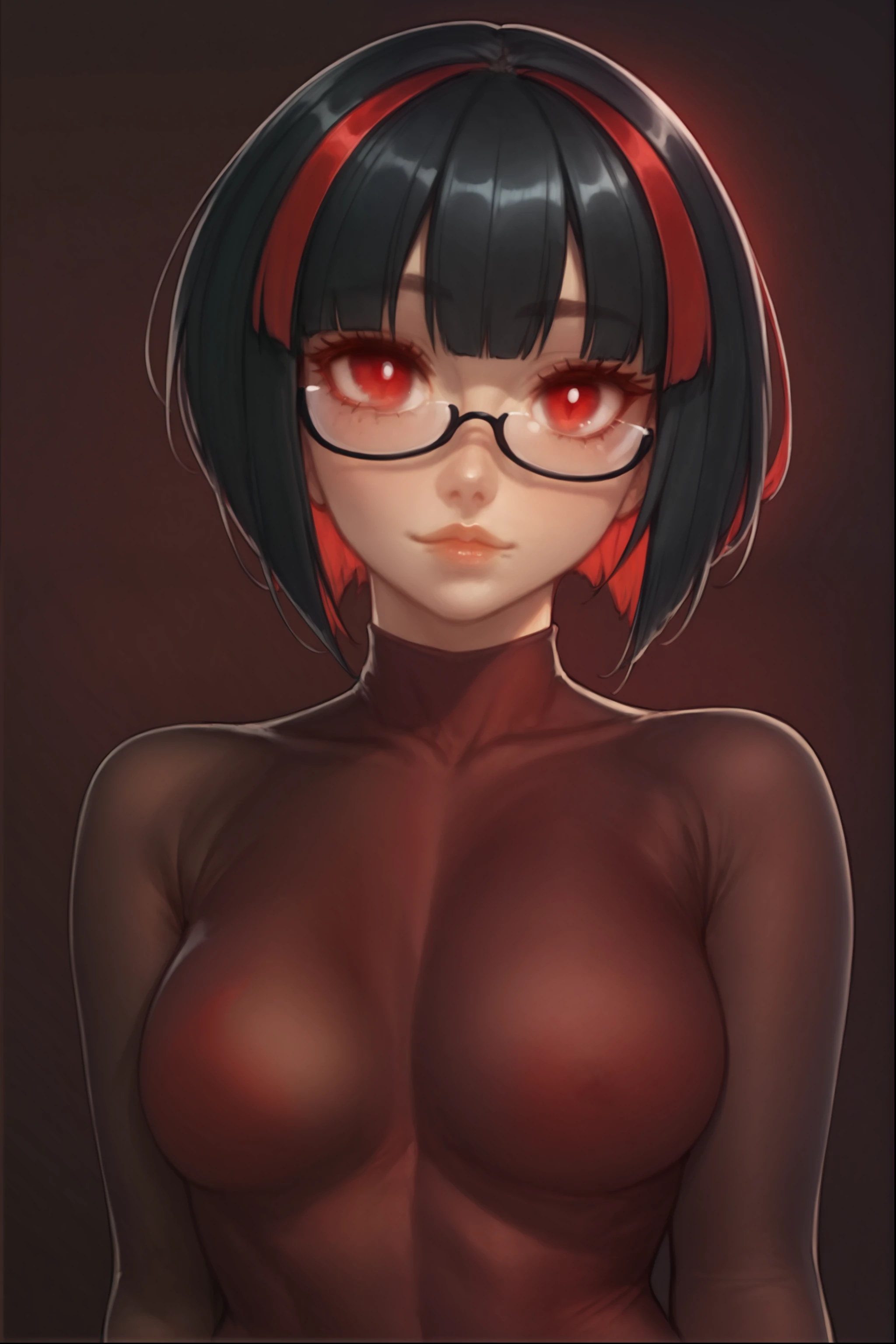 score_9, score_8_up, score_7_up, score_6_up,  ((Solo Rignetta, short black hair, red eyes)), (((Red erotic transparent bodystocking)))  glasses,(Detailed face),  8k detailed skin, HD body texture,    <lora:add-detail-xl:1> , portrait,     <lora:Expressive_H:1> <lora:Sakimi:1>  <lora:Rignetta_from_H_game:0.8>