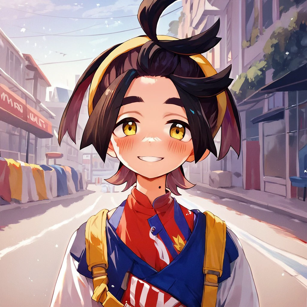 (masterpiece), score_9, score_8_up, score_7_up, score_6_up, score_5_up, score_4_up, 1boy, solo, Kieran, multicolored hair, yellow eyes, mole on neck, Hairstyle-A, yellow hairband, Outfit-A, blush, soft smile, looking at viewer