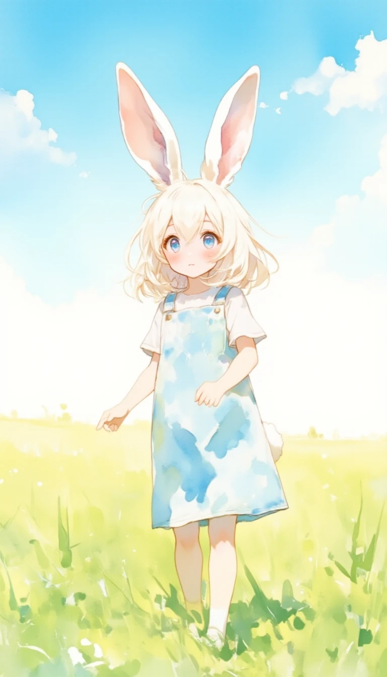 watercolor, bunny toddler girl in kindergarten lightblue smock walking fields, background blue sky,