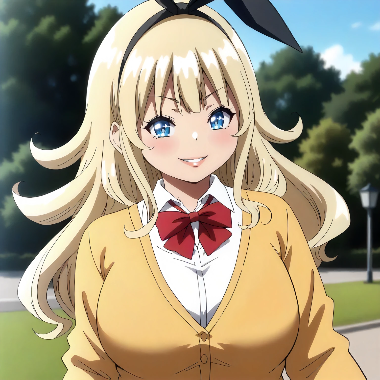 <lora:BnHgDR_RinaXLpony001>,
outdoors,
smile,
solo,
Rina,1girl,blonde hair,ribbon,hairband,long hair,blue eyes,
large breasts,
yellow cardigan,red bow tie,