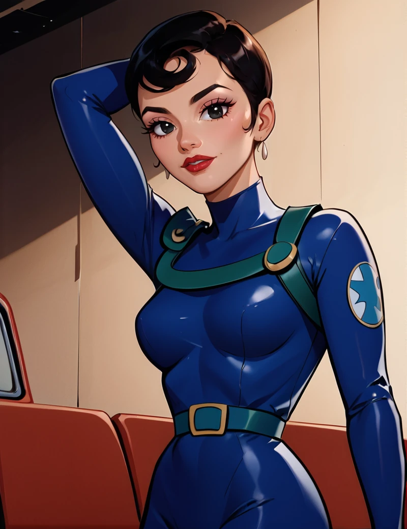 score_9, score_8_up, score_7_up,looking over one shoulder, face , honeydew, agent_honeydew, 1girl, black hair, solo, lipstick, black eyes, Super Short Pixie hairstyle, short hair, wearingfullbody blue bodysuits, highly detailed face, greenbelt,  looking at viewer, a retro drive-in theater, with vintage cars, large outdoor screen, concession stand, and classic movie posters, ,dark navy high boots,     <lora:Agent_Honeydew_Pony:1>