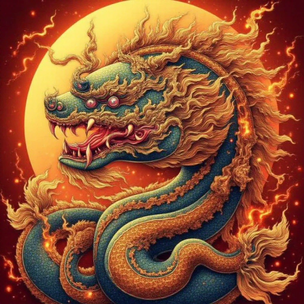 <lora:thaiunique_ai_epoch_2:1.5>,An intricately detailed depiction of a mythical Thai dragon (or Naga), with vibrant, ornate scales and flowing, fiery mane, encircled by a glowing golden sun. The dragonâs head is fierce, with glowing eyes, sharp fangs, and a dynamic pose. The design is in the style of traditional Thai art, combining elements of fluid motion and decorative complexity. Fiery details weave through the scene, adding energy and power to the image, all against a rich red and gold background