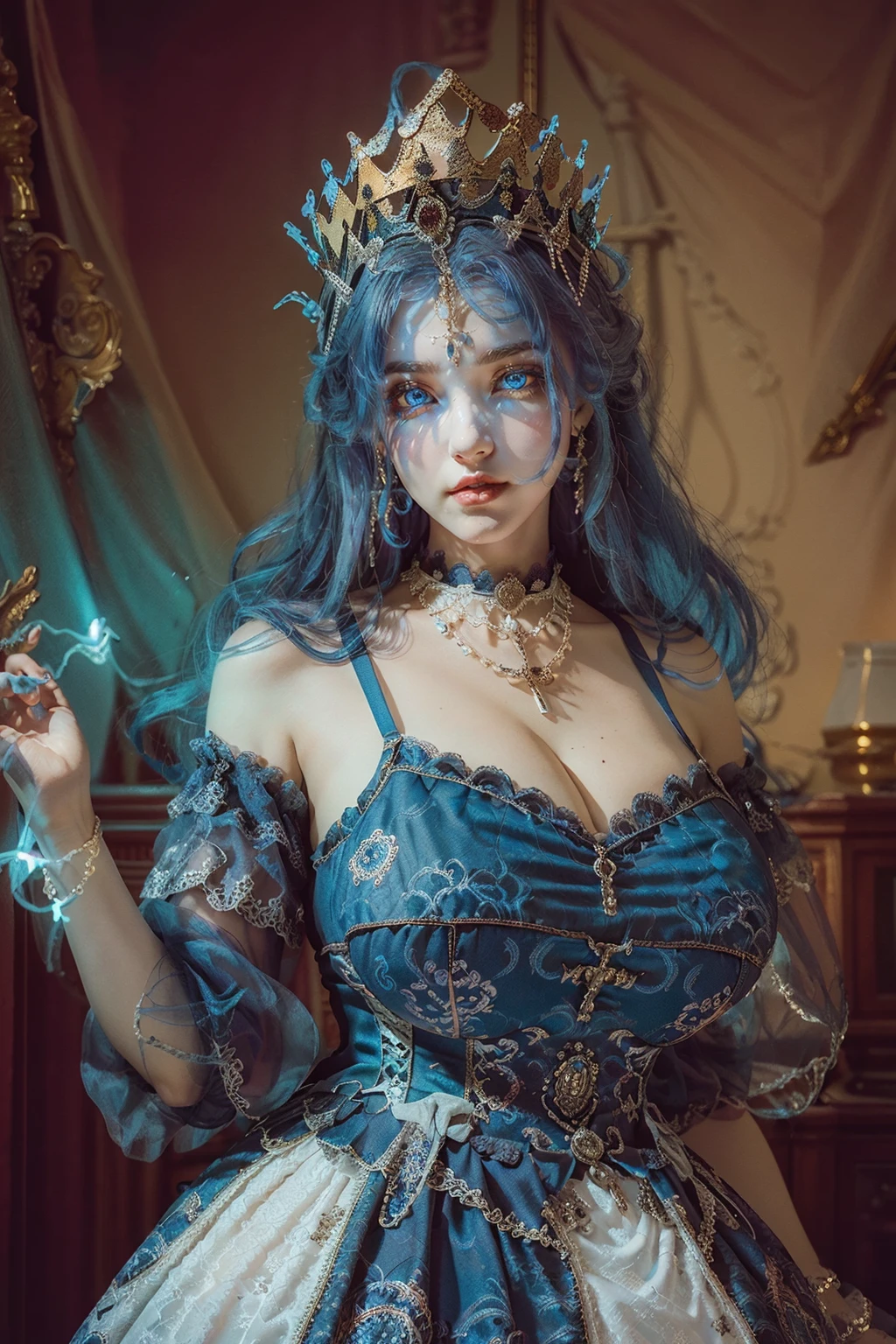 (masterpiece, best quality:1.2),illustration,8k,hd,1 girl,very long hair,blue hair,solo,cxzg,dress,cyan dress,tiara,detached sleeves,jewelry,necklace,frills,lace,cross-laced clothes,crown,((cleavage)),huge breasts,outdoors,(glowing blue eyes:1.3),