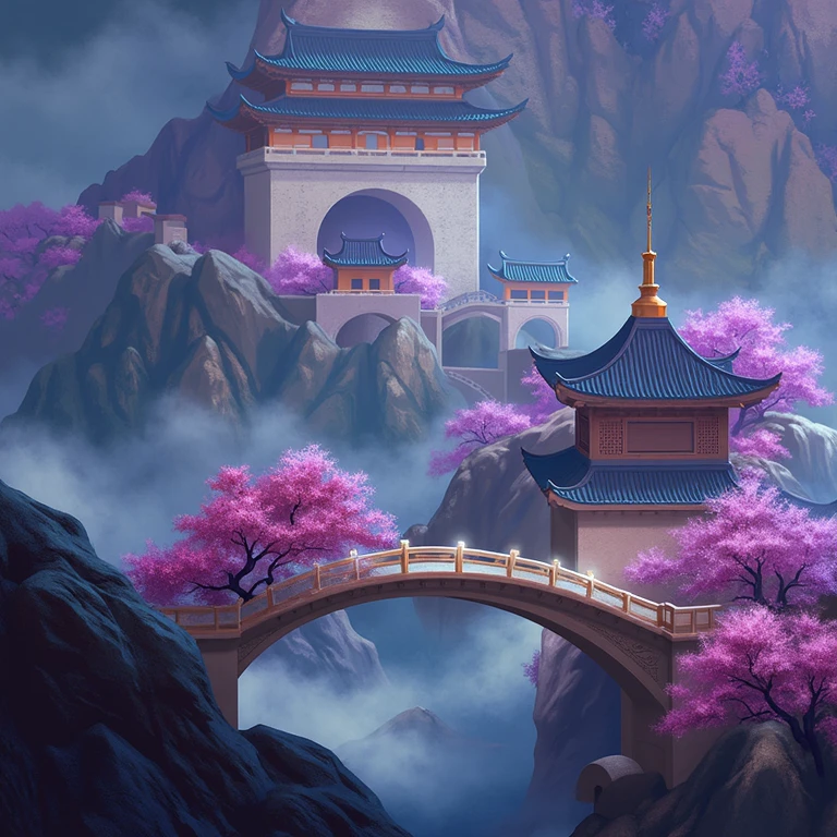 A breathtaking fantasy landscape inspired by ancient Asian architecture, set against towering cliffs and misty mountains. The scene features tall, elegant pagodas with intricate roofs, connected by bridges, adorned with vibrant cherry blossom trees in full bloom. Soft sunlight filters through the mist, illuminating the serene environment. The atmosphere is calm and otherworldly, with a harmonious blend of nature and architecture, huge view, extra detailed, set under a soft, pastel sky atmospheric style of devinellekurtz, <lora:devinellekurtz-style:1.5>