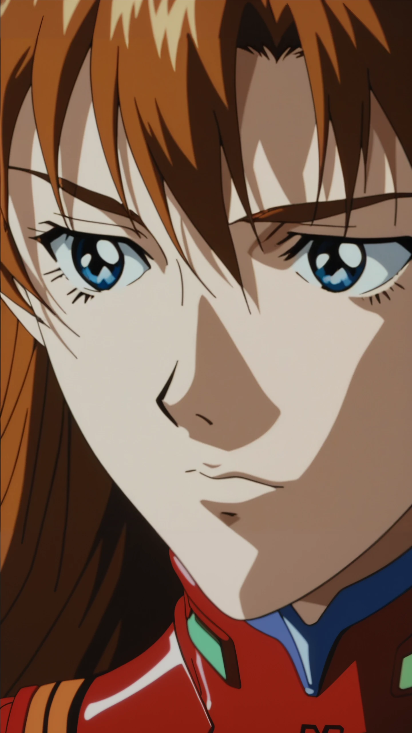 score_9, score_8_up, score_7_up, Analog style, vhs style, Dvd screengrab, old anime, classic anime, Close - up real - Live - action adaptation of a 3d character of Asuka Langley Soryu in plugsuit, charming face, NeonGenesis Evangelion cool expression