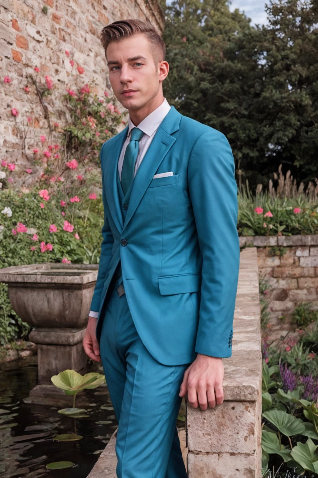 <lora:sc_jeffrey_adam_epoch_5:0.8> scjeffreyperson, posing in a walled garden, soft natural lighting, wearing a fitted teal tailored suit, looking at viewer, (water feature:0.75), (water lilies:0.65), side views, strong glutes