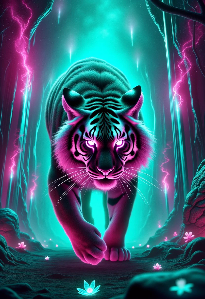 EnchantedAurora, a fierce tiger with glowing runes etched into its fur prowls through a portal, entering a realm where everything glows with unseen magic.