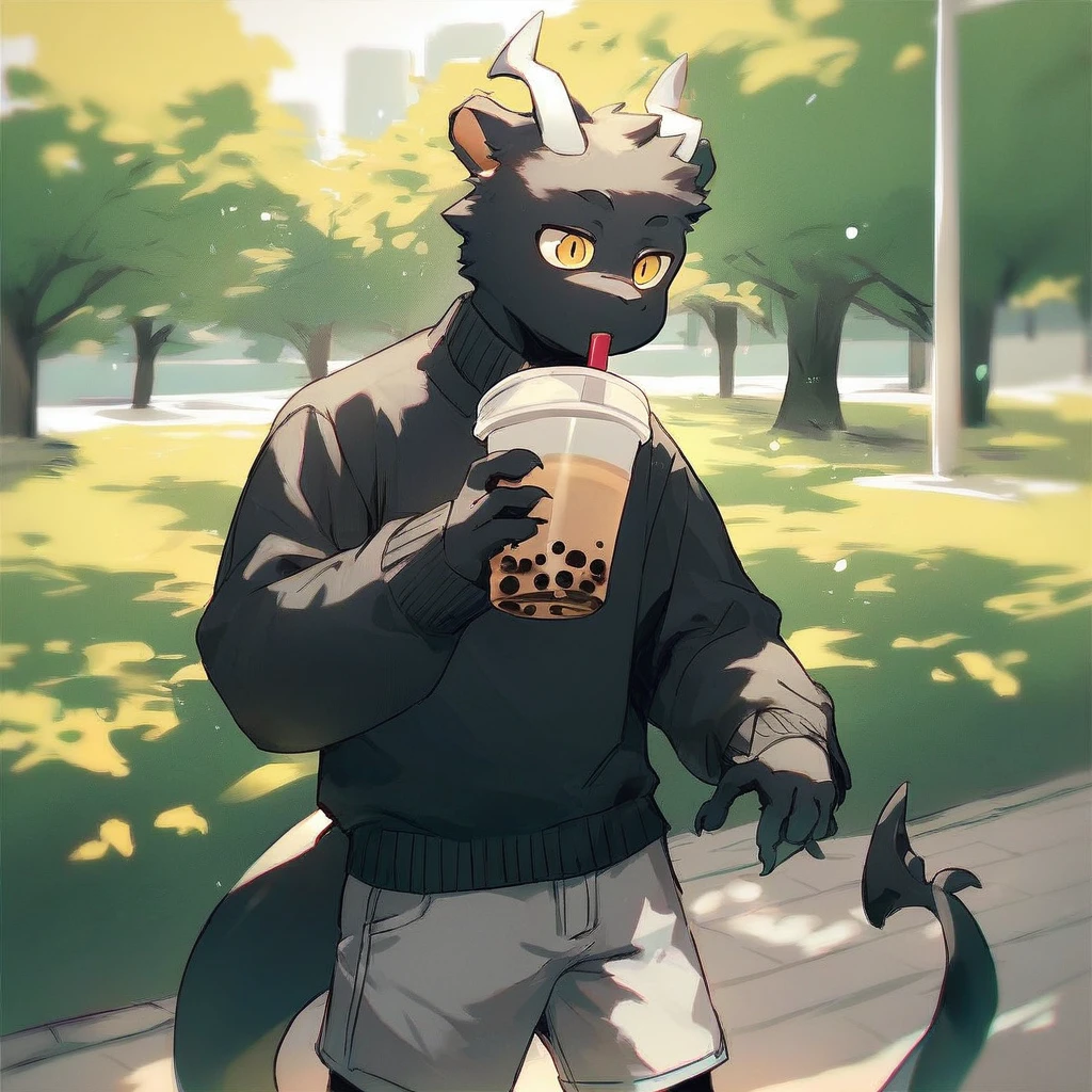 score_9_up, score_8_up, score_7_up, source_furry, mikus-style, black dragon, black body, white horns, yellow eyes, park, holding, bubble tea, black sweater, gray shorts, 1boy, solo