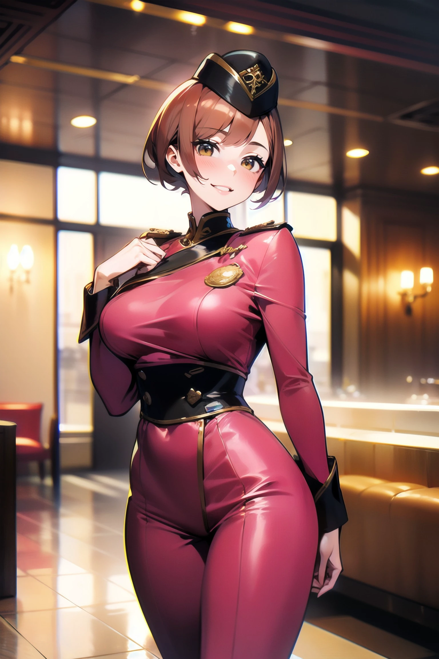 1girl, (solo), copper hair, very short hair, thick, pink costume, garrison_cap, <lora:garrison_cap_v1:1>, name_badge, bust shot, in hotel lobby, in luxury room, (masterpiece:1.4), extremely detailed, (high resolution), (best quality),