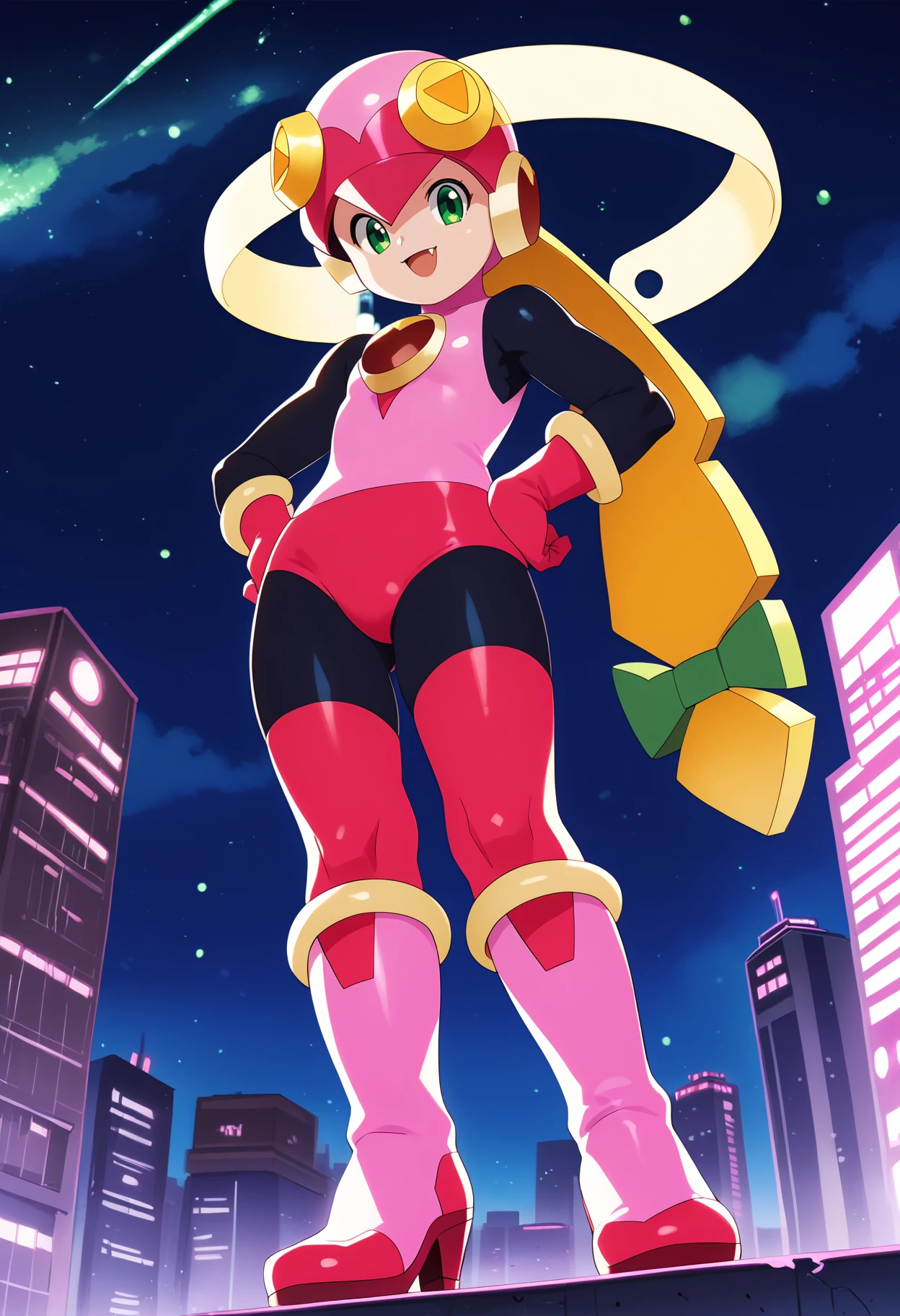 score_9, score_8_up, score_7_up, BREAK,
1girl, rollexe, helmet, green eyes, blonde hair, long hair,
high heels, fang out, bodysuit, pink gloves, pink boots,
arms on hips, standing, looking at viewer, smile, solo, night, city light, view from below, night sky, futuristic city background  <lora:RollExeXL_byKonan:1>