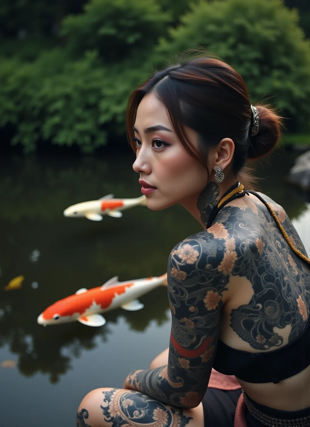 A reflective image of a beautiful woman with a traditional Japanese full-sleeve tattoo, sitting by a tranquil pond filled with koi fish. A close-up shot highlighting her contemplative expression and intricate tattoo details, lush greenery surrounding the pond. Soft twilight light creates a peaceful mood in the scene. <lora:Japanese_style_full_sleeve_tattoo-000001:1>