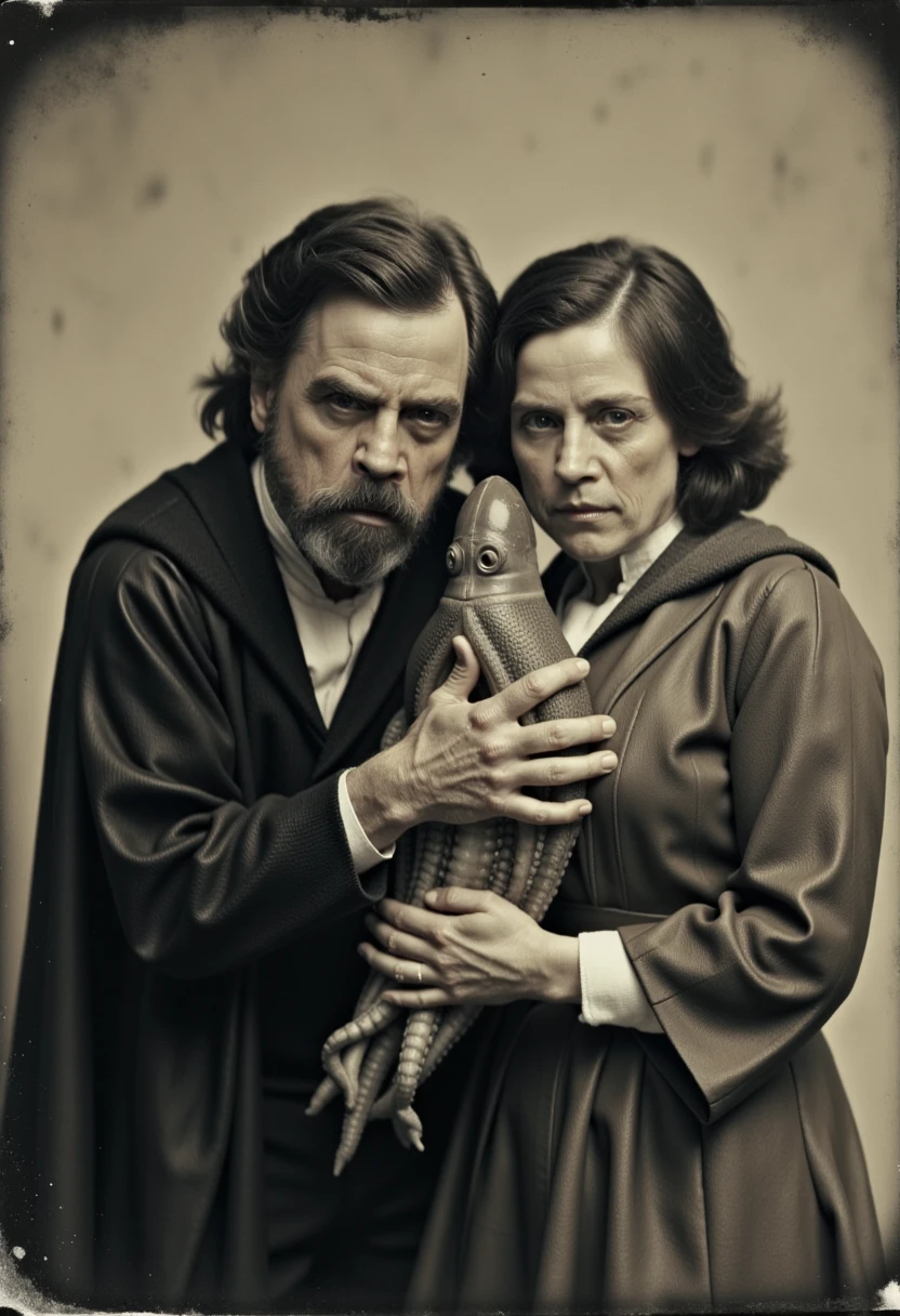 An expressive and energetic Luke Skywalker in a tintype photo of a squid holding a woman