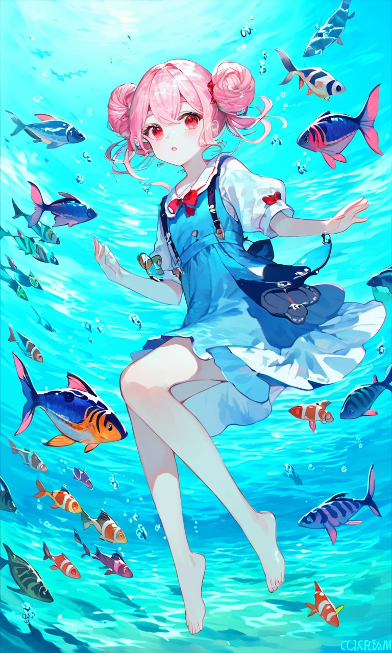 score_9, score_8_up, score_7_up,1girl,underwater,fishes,ocean,sea,pink hair,red eyes,double bun,full body,<lora:color-first-4-000019:0.8>