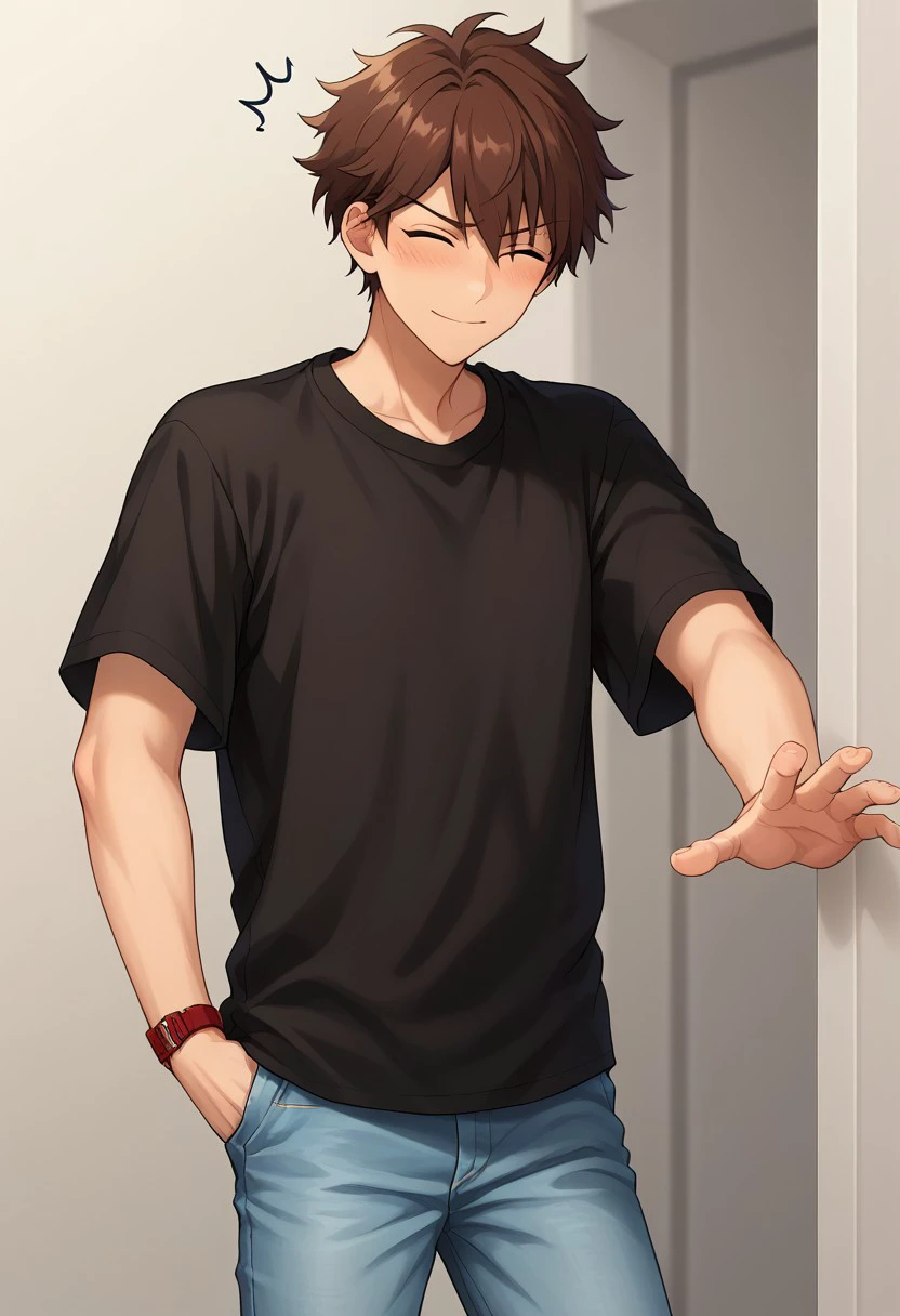 score_9, score_8_up, score_7_up, source_anime, highly detailed, 
chiaki, 1boy, male focus, brown hair, solo, closed eyes, ^^, blush, embarassed, pants, warm smile, watch, shirt, looking at viewer, black shirt, wristwatch, hair between eyes, closed mouth, jeans, denim, upper body