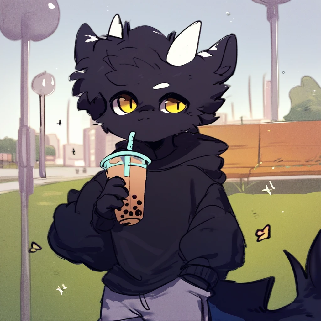 score_9_up, score_8_up, score_7_up, source_furry, mikus-CopiTheCat, black dragon, black body, white horns, yellow eyes, park, holding, bubble tea, black sweater, gray shorts, 1boy, solo