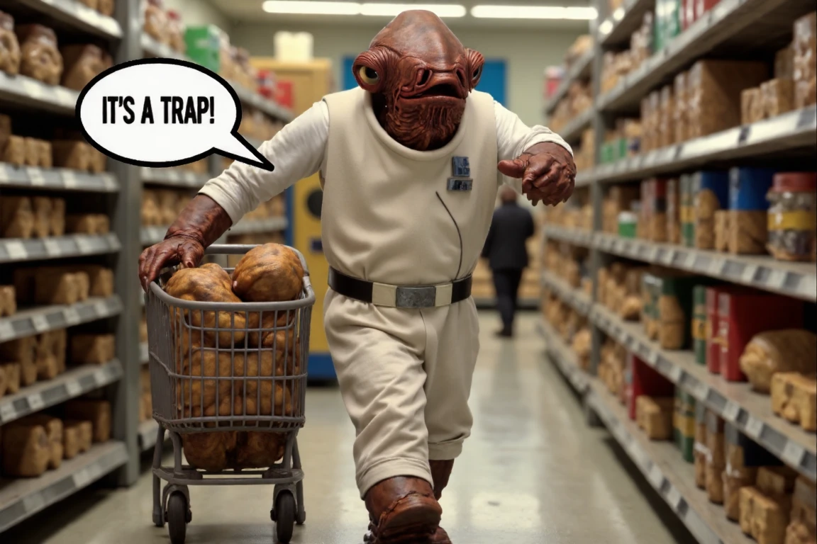 cinematic photo Character named exactly "AdmiralAckbar" screaming, running through a supermarket pushing a shopping cart full of groceries, speech bubble shows "It's a trap!" side view . 35mm photograph, film, bokeh, professional, 4k, highly detailed