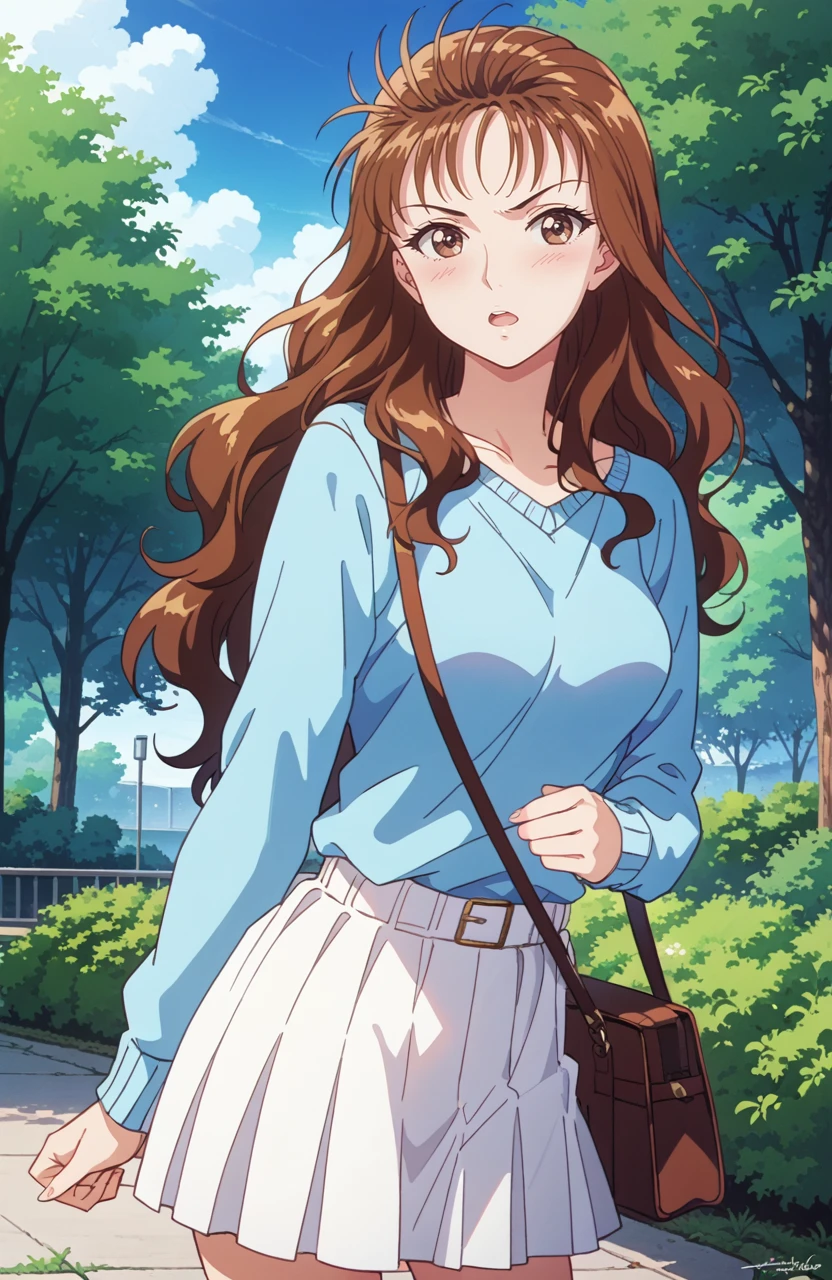 kindaichisaotomeryouko, best quality, masterpiece, uncensored, 1girl,solo,(retro artstyle, 1990s \(style\):1)
,long hair,brown eyes,brown hair,outdoors,park,dated,shoulder bag,pov,sweater,long sleeves,white skirt,0.7 :: ,0.3 :: blush,frown   ,0.2 :: from side ,0.3 :: open mouth  ,0.2 :: cowboy shot ,0.3 :: pose  ,looking at viewer,  <lora:KindaichiSaotomeRyouko4thtail:1>