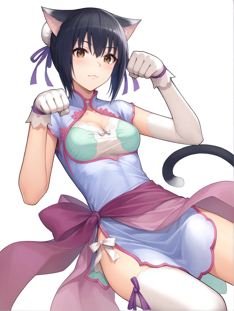 score_9, score_8, score_7_up, source_anime,
shaomei rin, animal ears, black hair, short hair, brown eyes, hair ribbon, hair bun, cat tail, 1girl,
chinese clothes,shao outfit, gloves, single white thighhigh, ribbon, elbow gloves, white gloves, paw pose, :3
beach
<lora:Expressive_H:0.2> <lora:StS_PonyXL_Detail_Slider_v1.4_iteration_3:0.2> <lora:housechores-guy-PONYv1:0.3>  <lora:shaomei rin v0.1:0.8>