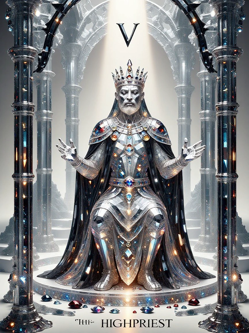 cs-cr1stal , Tarot card of The High Priest, with text "V" at the top and text "The High Priest" at the bottom, sitting in a temple <lora:Crystality Flux_v1:1>